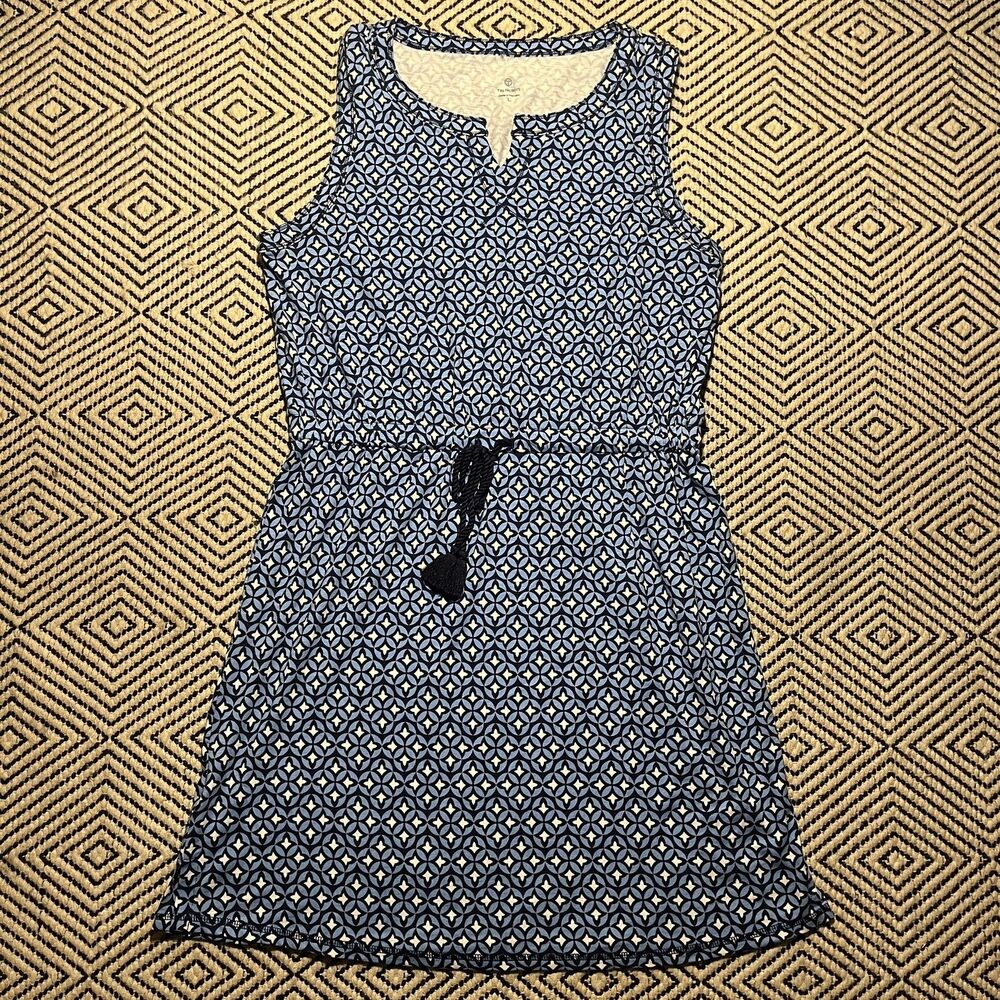 T By Talbots Blue Star Flowers Sleeveless Size L Stretch Mini V Neck Tank Dress